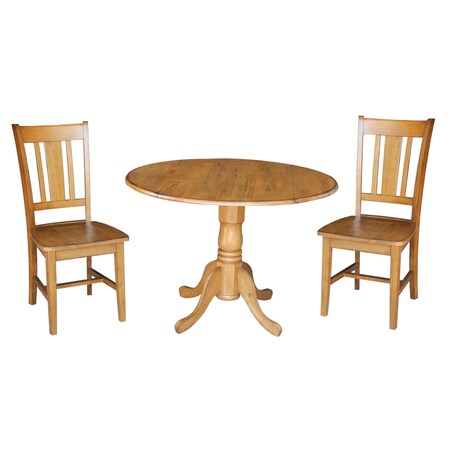 International Concepts Round 42 in Dual Drop Leaf Table with 2 San Remo Chairs, Pecan, 42 in W, 42 in L, 29.5 in H, Wood K59-42DP-C10